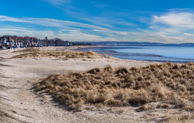 A relaxed shoreline setting with sandy paths and water views stretching along the coast.