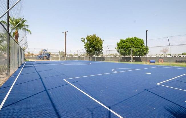 a blue tennis court with trees in the background