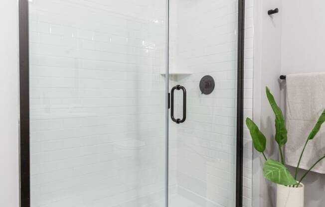 a large glass shower in a white bathroom at Dey & Bergen, New Jersey