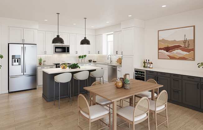 a kitchen with a table and chairs and a refrigerator
