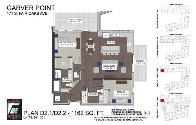 2 beds, 2 baths, 1,162 sqft, $2,610, Unit 201