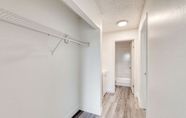 a bedroom with a medium sized closet and a bathroom in the background