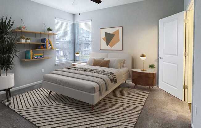 A bedroom with a bed, a ceiling fan, and a rug.