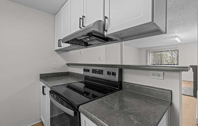 A kitchen with a stove top oven and a range hood.