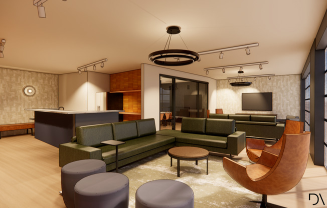 Modern open-concept rooftop clubroom with sleek green sectional, stylish leather chairs, and expansive windows.