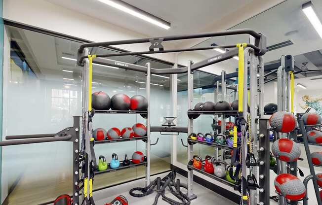 a home gym with weights and equipment on shelving