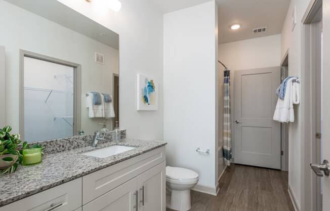 a bathroom with a toilet sink and mirror and a shower