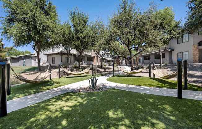 A sunny day at a park with hammocks and trees.