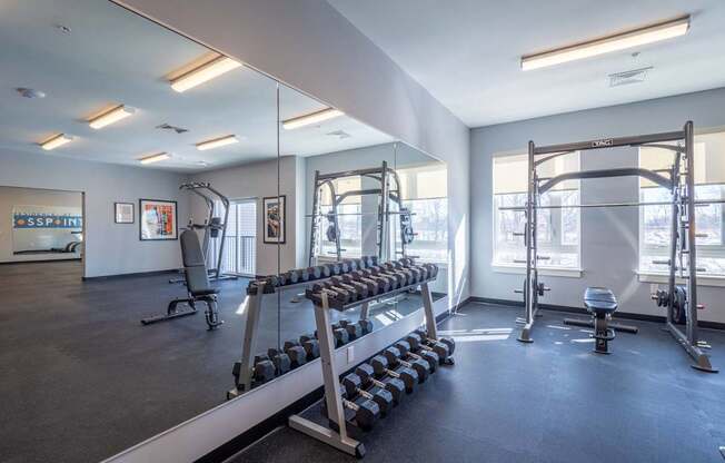 A well-appointed fitness center featuring free weights and strength training equipment.