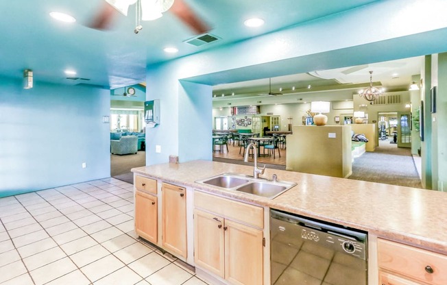 Community kitchen in the clubhouse at Country Club at The Meadows Senior Apartments in Las Vegas, NV, For Rent. Now leasing 1 and 2 bedroom apartments.
