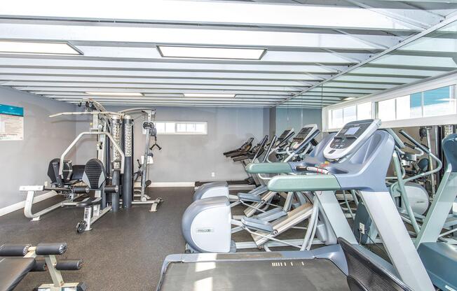 A modern gym interior featuring several exercise machines, including treadmills, elliptical machines, and a weight training station. The walls are painted in light colors, and there are large mirrors reflecting the equipment. The space is well-lit with a sleek, clean design.