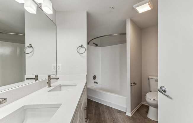 a bathroom with a large mirror and a sink and a toilet