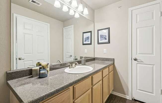 a bathroom with a sink and a mirror