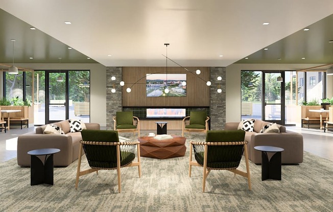a living room with couches and chairs and a fireplace at Boardwalk at Research Park, Huntsville, Alabama