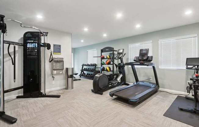 A well-equipped home gym with a variety of exercise machines.