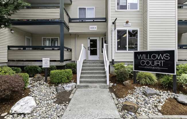 Front View of Property with Sign for Willows Court Apartment Homes, Seattle