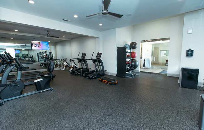 A gym with treadmills, exercise bikes, and other equipment.