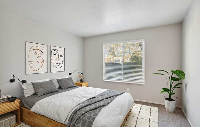 Model Bedroom with Carpet and Window View at Broadmoor Village Apartments in Salt Lake City, UT.