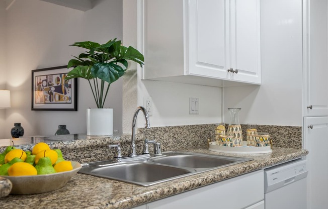 a kitchen sink with a bowl of fruit on the counter