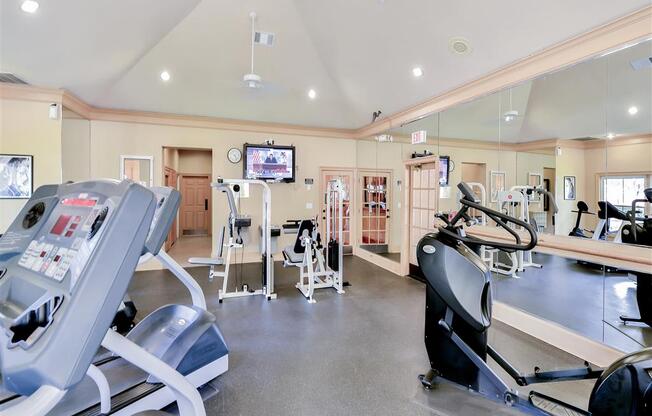 Fitness center Saxony at Chase Oaks in North Plano, TX, For Rent. Now leasing 1, 2 and 3 bedroom apartments.