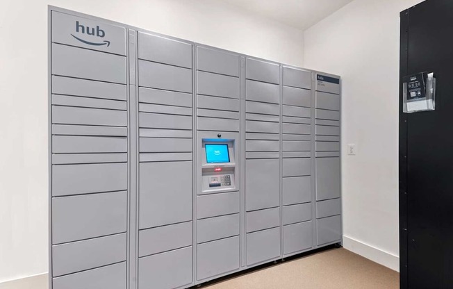 a set of automated lockers in a room