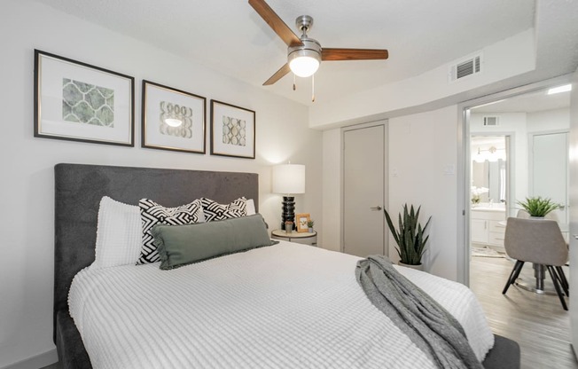 our apartments offer a spacious bedroom with a large bed and a ceiling fan