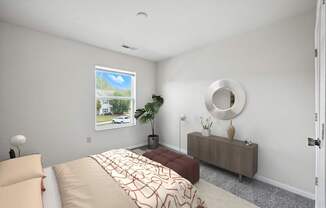 A bedroom with a bed, nightstand, and a window with a view of a house and trees outside at Arbors at Georgetown Apartments, Lansing