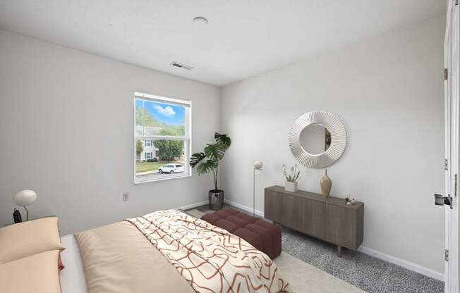 A bedroom with a bed, nightstand, and a window with a view of a house and trees outside at Arbors at Georgetown Apartments, Lansing