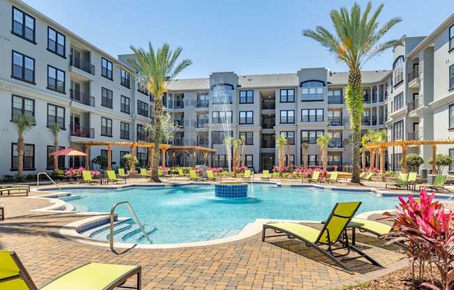 Lounge pool with fountain in the center.