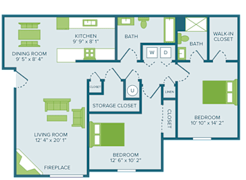 2 beds, 2 baths, 1,077 sqft, $1,355