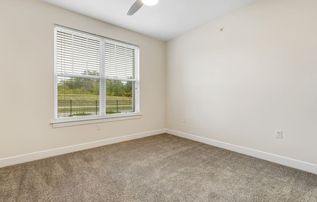 an empty bedroom with a window and carpeting