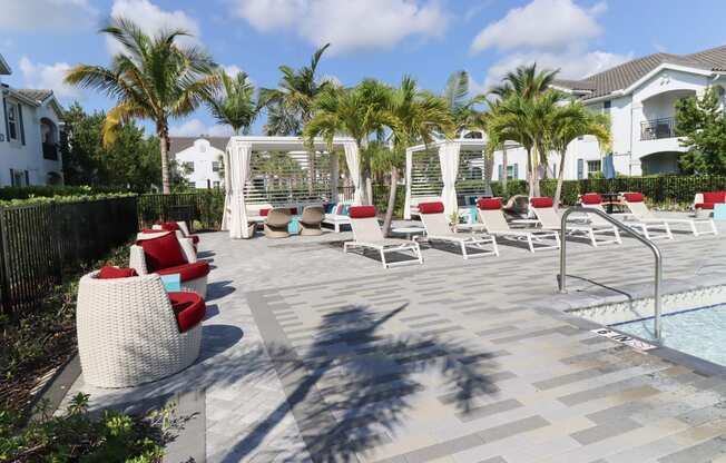 a pool with lounge chairs and palm trees