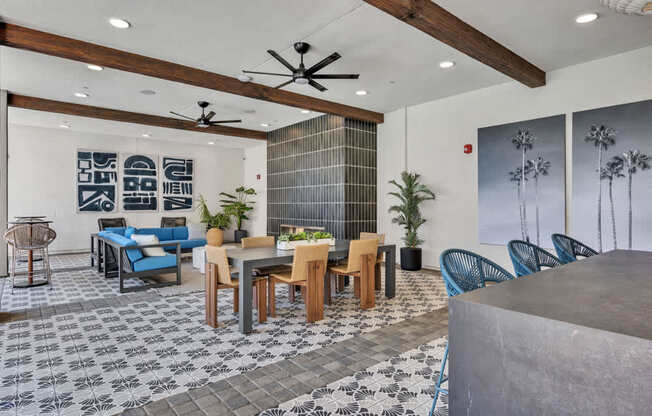 pool lounge with a black and white checkered floor.