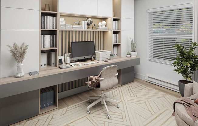A modern home office with a desk, chair, and bookshelf.