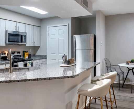 Renovated kitchen with stainless steel appliances and granite countertops at Elme Alexandria, Virginia