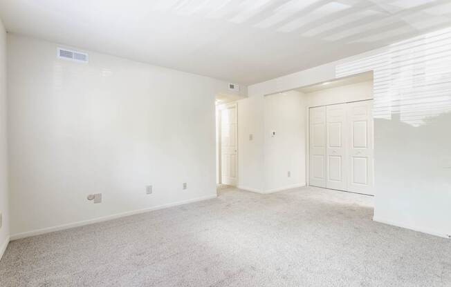 A spacious room with white walls and carpeted floor