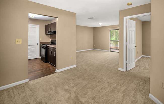 Classic Apartment Unit- A spacious living room with a kitchen area in the background.
