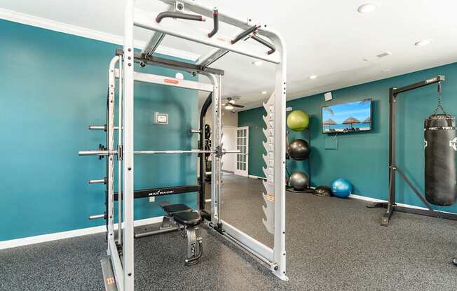 a gym with weights and a punching bag in the corner