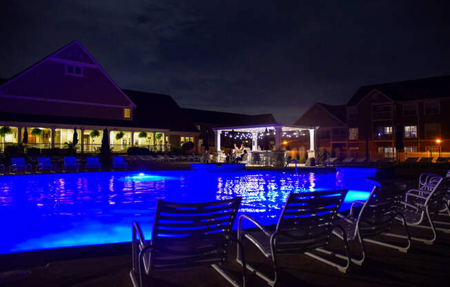 This is a picture of the pool area at night at Nantucket Apartments, in Loveland, OH.