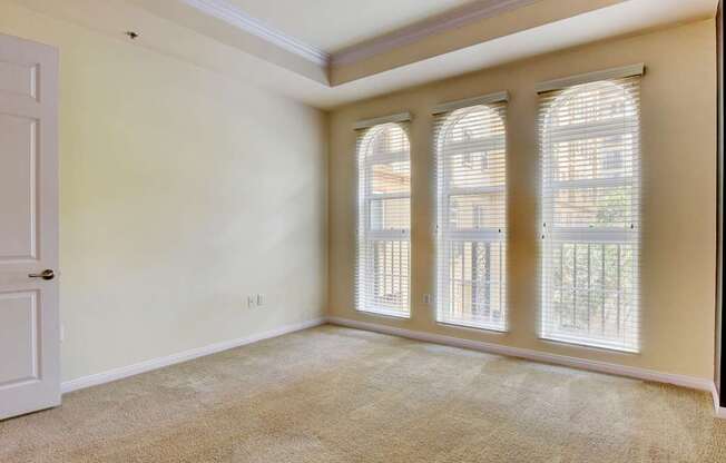 A room with a carpeted floor and three windows.