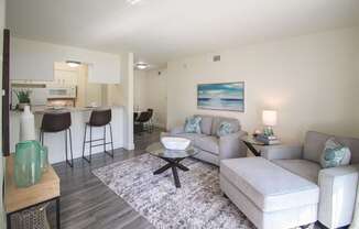 This is a photo of the living room in the 558 square foot 1 bedroom, 1 bath model apartment at The Summit at Midtown Apartments in Dallas, TX.