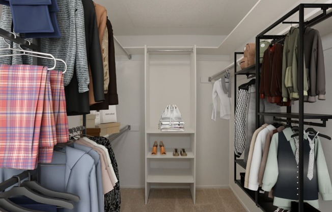 a walk in closet with a rack of clothes and a closet organizer