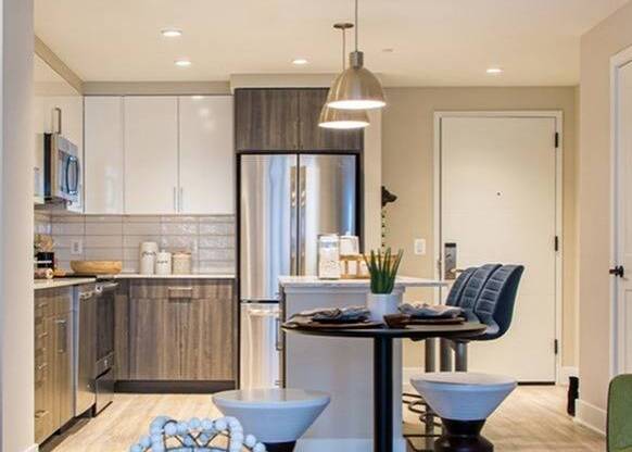 Designer Kitchen with Quartz Counter Tops, Stainless Steel Appliances and Wood-Style Flooring
