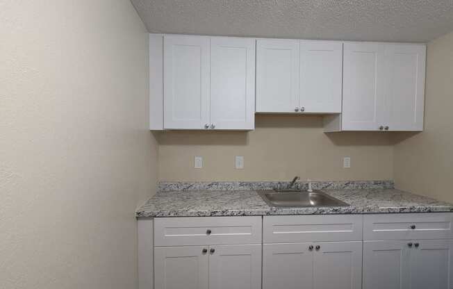 a kitchen with white cabinets and granite counter tops and a sink