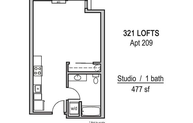 Studio, 1 bath, 477 sqft, $1,300, Unit 209