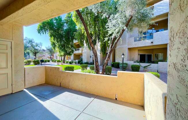 Spacious Patio at Ventana Apartment Homes in Central Scottsdale, AZ, For Rent. Now leasing 1 and 2 bedroom apartments.