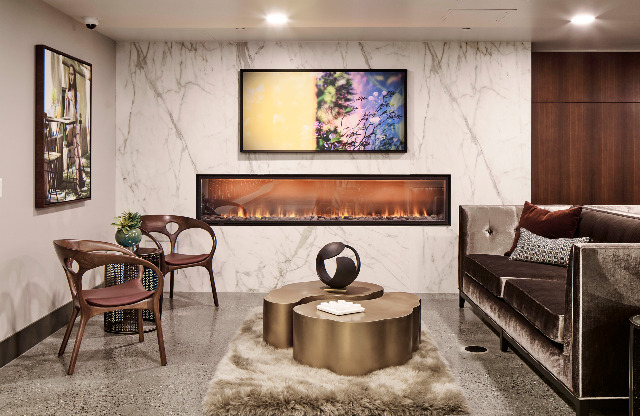 Lounge and lobby areas with plush seating fire place