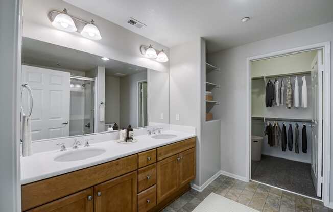 a bathroom with a large mirror and two sinks