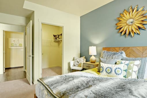 One-Bedroom Apartments in Kirkland, WA - Kirkland Crossing - Bedroom with Plush Carpet Flooring and a Large Closet