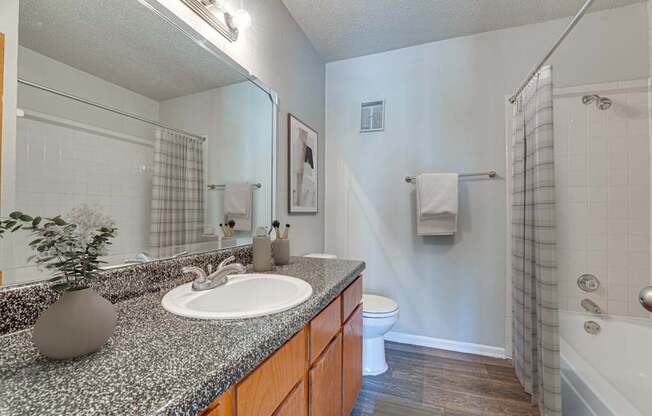 A bathroom with a granite countertop and a white sink.